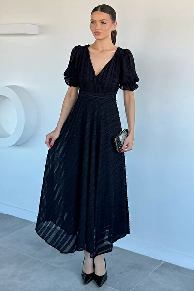 Aryena Black Women's Double-Breasted Collar Embossed Patterned Dress