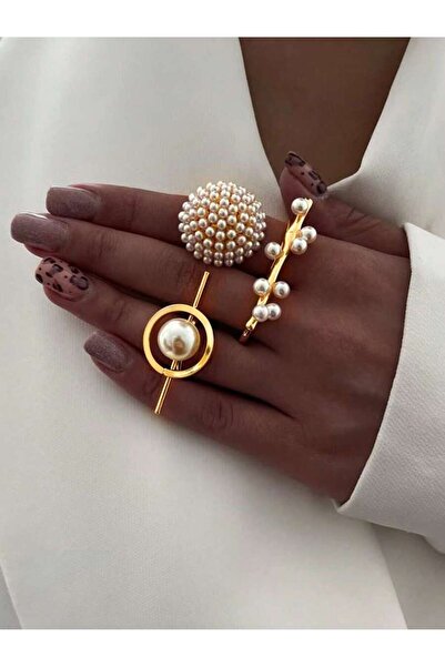 Choice Multicolor 3pcs Asymmetrical Geometric Pearl Ring,Daily Wear,Jewelry F...