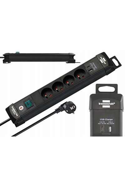 Brennenstuhl Prelungitor cu 4 prize pentru birou, USB-C, USB-A, cablu de 1,8m