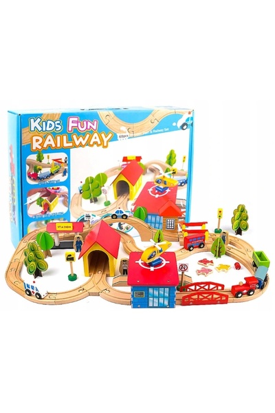LeanToys Set de lemn: Cale ferată, oraș, mașini, copaci, clădiri, figurine, 6...