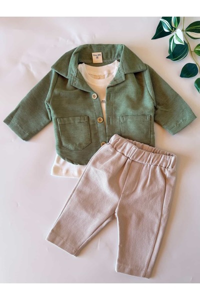 KapsülBebek 3-Piece Baby Boy Set with Velvet Jacket - 100% Cotton