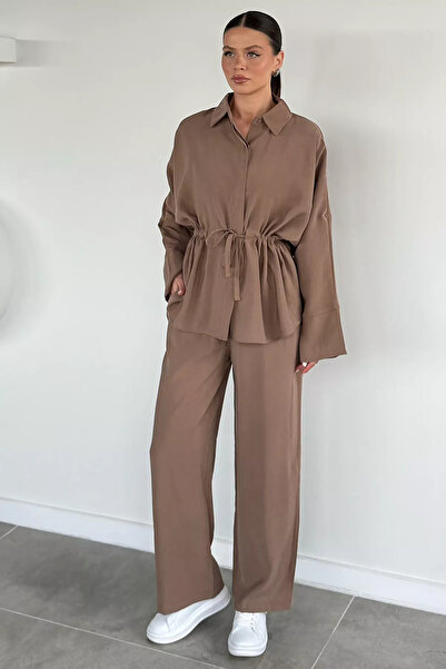 Aryena Mink Women's Tie-Detail Shirt and Elastic Waist Trousers Two-Piece Set