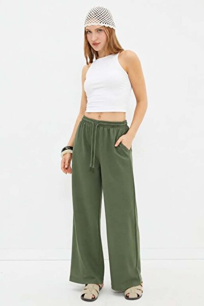 ModaPlaza Women's High Waist Wide Leg 2 Thread Sweatpants with Pockets 3038