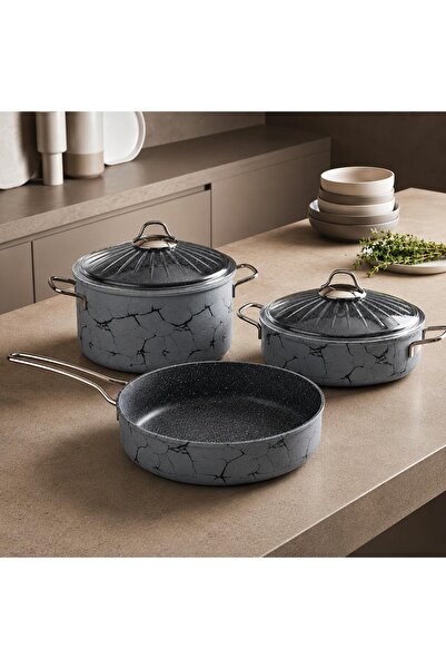 Sara Mutfak Eşyaları Granite Cookware Set Fireproof Non-Stick, Marble Pattern