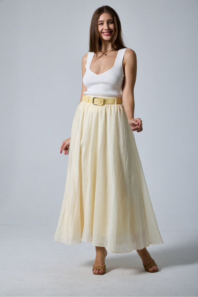 ŞEYDA ERTEM Yellow Color Elastic Waist Belted Crinkle Textured Flared Skirt