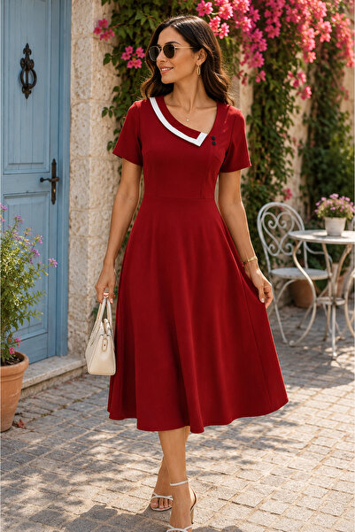 Kokosh moda Strong Style-Women's Asymmetrical Collar Short Sleeve A-Line Midi...
