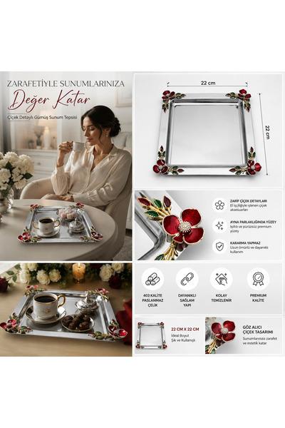 Turkco Luxury Floral Motif Silver Square Presentation Tray 22X22 cm Promise E...