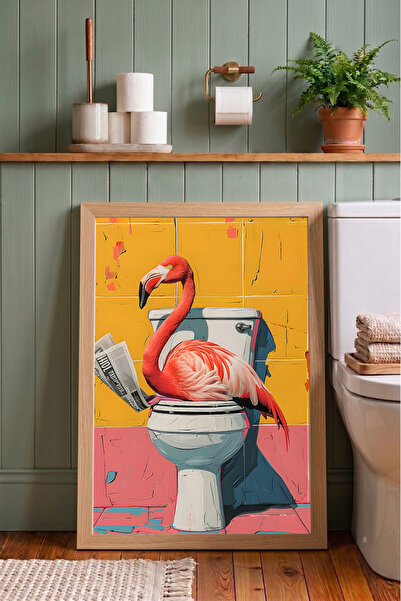 Günışığı Atölyesi Gazete Okuyan Flamingo Komik Banyo Çerçeveli Tablo - Tuvale...