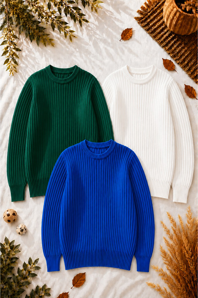 legends butik Men's 3-Piece Premium Ribbed Knitwear Sweater Set Crew Neck Sli...