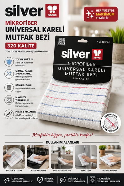 Silver microfiber universal kareli mutfak bezi
