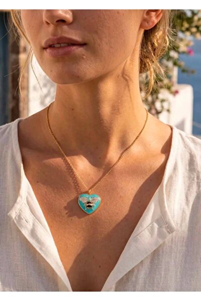 Mervişim Aksesuar Blue Women's Tarnish-Resistant Steel Necklace with Gold Col...