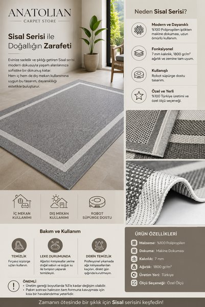 Anatolian Carpet Store Sisal Dokuma Hav Vermez, Leke Tutmaz, Robot Süpürgeye Uygun Modern Gri Siyah Halı