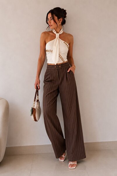 Mivelya Women's Striped Fabric Trousers Brown