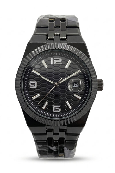 TEKMAKG Black Steel Band Calendar Honeycomb Dial Men's Wristwatch