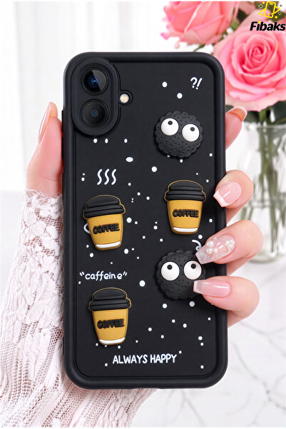 Fibaks Galaxy A07 Kılıf Kamera Korumalı Kahve Kurabiye Figürlü Siyah Yumuşak ...