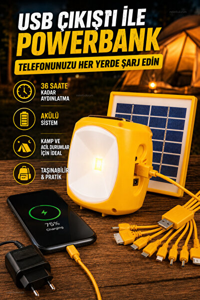 nelerbulurum Şarjlı ve Güneş Enerji Panelli Akülü Powerbank Özellikli Düşük Işıkta 36 Saate Kadar Aydınlatma Çoklu Şarj Uçlu 4 Işık Modu,Adaptör İlede Şarj Işıldak Solar Aydınlatma Bahçe Aydınlatma Kamp Lambası