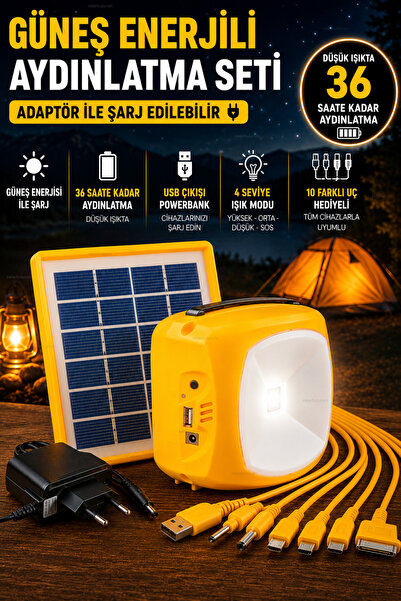nelerbulurum Şarjlı ve Güneş Enerji Panelli Akülü Powerbank Özellikli Düşük Işıkta 36 Saate Kadar Aydınlatma Çoklu Şarj Uçlu 4 Işık Modu,Adaptör İlede Şarj Işıldak Solar Aydınlatma Bahçe Aydınlatma Kamp Lambası