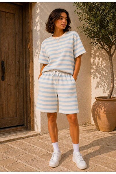 caddekombin Women's Waffle Striped Top and Bottom Set