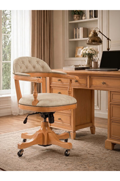 Gazzini Furniture Majesta Kapitone Döşemeli Ahşap Ofis Çalışma Sandalyesi