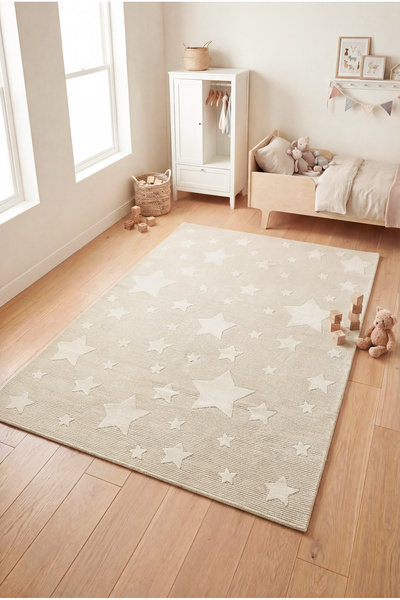 Kids 6001 Cream Star Woven Nursery Rug Dustproof Soft Baby Room Rug