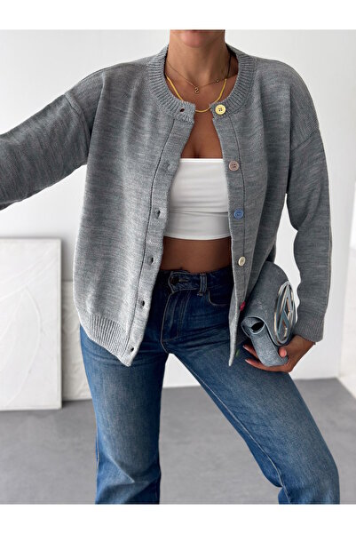 MaxiMor Women's Gray Colored Buttoned Basic Knitwear Cardigan Standard Size S...