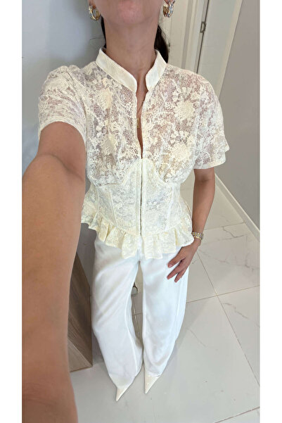 BİRCANÇİL Jesna Cream Vintage Lace Corset Blouse