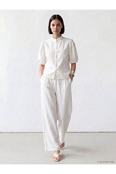 LC Waikiki White High Waist Women's Pleated Trousers