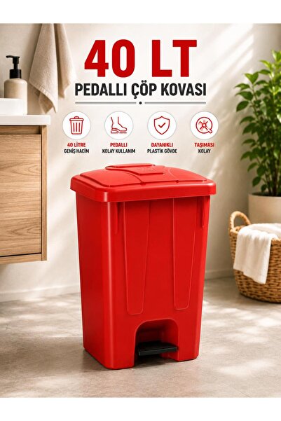 LOREMPBOX 40 Lt Pedallı Çöp Kovası İç Kovasız Kırmızı Renk