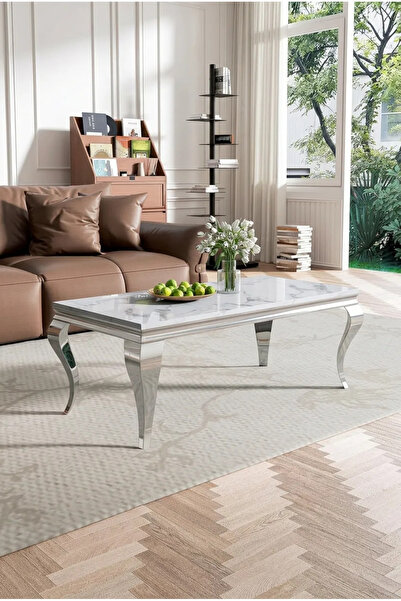 MARIA HOMES Modern Marble Top Coffee Table with Stainless Steel Curved Legs –...