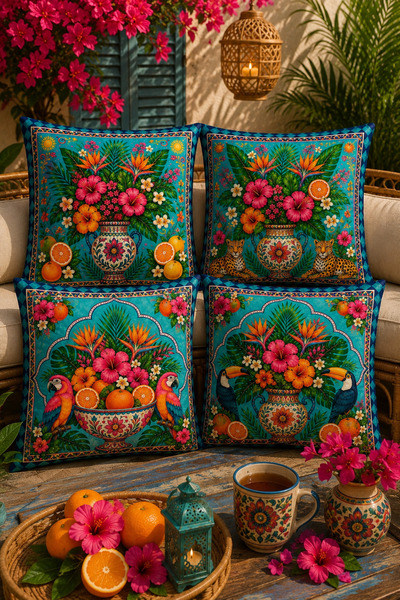 Elay Tekstil 4’lü Tropikal Dekoratif Kırlent Kılıfı Seti 43x43 cm Egzotik Çiç...