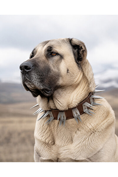 YILPAX Hakiki Deri Çivili Büyük Irk Köpek Tasması Kurtçul Çivili Kangal Koruma Tasması Kahverengi 80x8 cm
