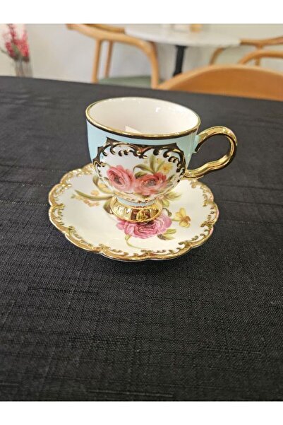 MİMSEGÜN DEKOR Hand Painted Quality Coffee Cup with Blue Roses and Gold Details