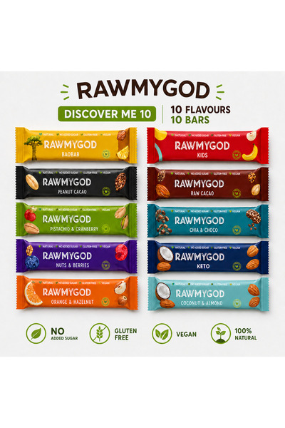 RAWMYGOD Pachet 10 batoane proteice, Discover Me 10, 10 arome, snack premium ...