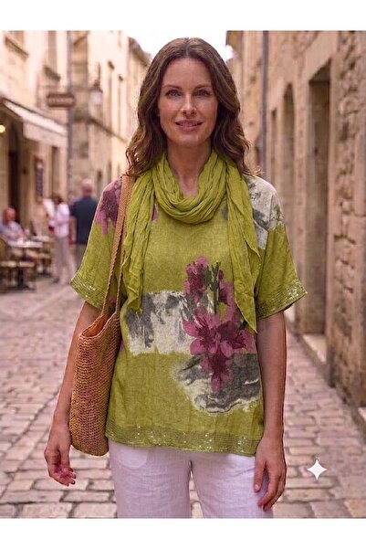 AYASOFYA OTANTIK Women's Italian Daffodil Floral Patterned Sleeve and Hem Fri...