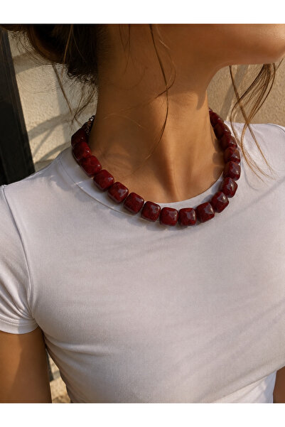 IM ATELIER Bordo Kare Boncuklu Statement Kolye – Gold Detaylı Retro Tasarım K...