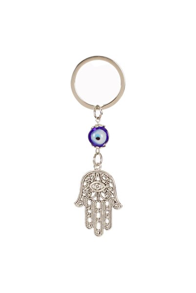 OEM Breloc Hamsa Fatima argintiu, lungime 9,5 cm - Talisman cu ochi rotund al...