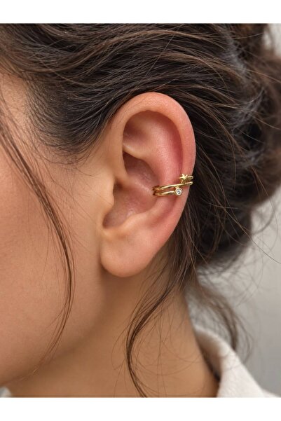 CMJEWELRY Paslanmaz Çelik Kararmaz Kıkırdak Küpe Gold Zirkon Tektaşlı Minimal Yıldız Sıkıştırmalı