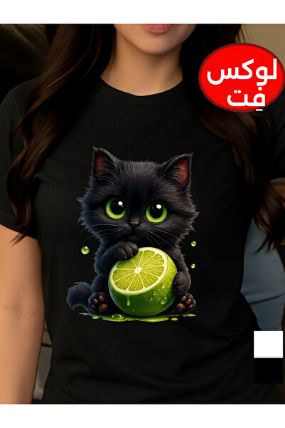 121 Short Sleeve Round Neck T-Shirt, Cute Cat and Lemon Print, Spring and Sum...