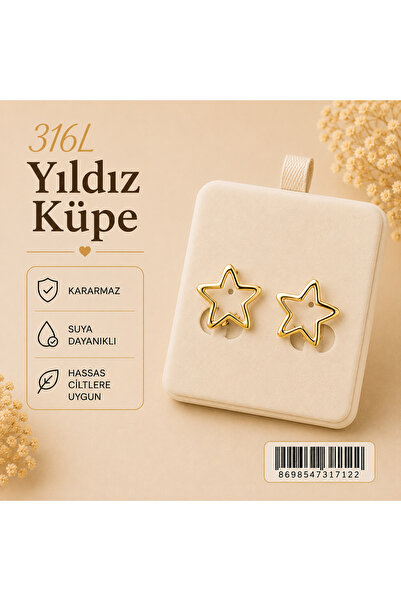 316L Çelik Gold Yıldız Halka Küpe – Kararmaz & Suya Dayanıklı