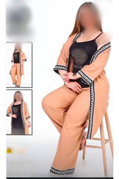 diğer0101 Grek Şeritli 3'lü Büyük Beden Vizon Ev Takımı Kimono Pantolon Atlet