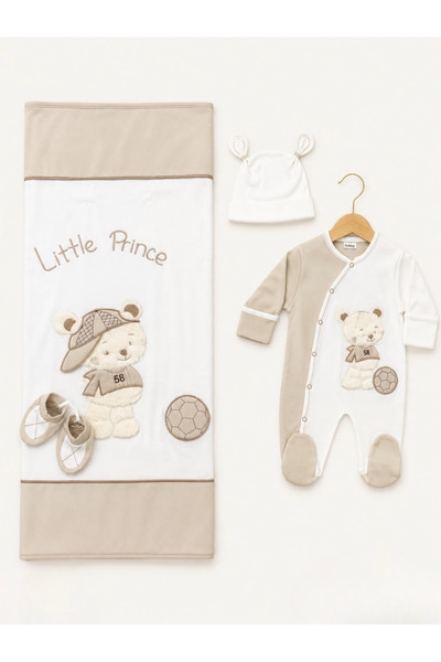 Kardeşler Bebe Baby Boy Teddy Bear Embroidered 4-Piece Blanket Romper Set (Ro...