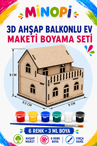Minopi 3D Ahşap Balkonlu Ev Maketi Boyama Etkinlik Aktivite Seti 6 Renk Boya ...