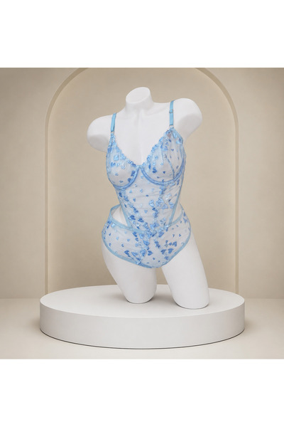 Genel Markalar Şeffaf Tül İşlemeli Balenli Bodysuit