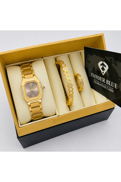 FANDER BLUE Fender Blue Women's Premium 3-Piece Set – All Gold with Grey Dial
