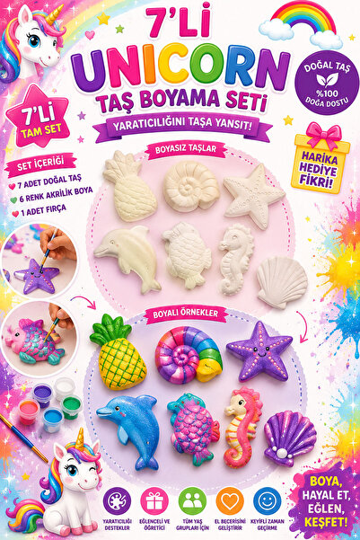 PAMEPAW 7 Adet (3D) Deniz Canlıları & Unicorn Taş Boyama Figür Çocuk Gelişimi Boyama Etkinlik Seti Zoo Painting
