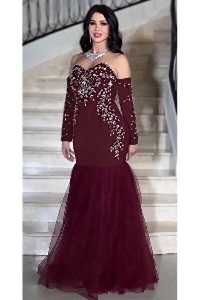 NALA FASHION Dark Burgundy Evening Dress Long Mermaid Design