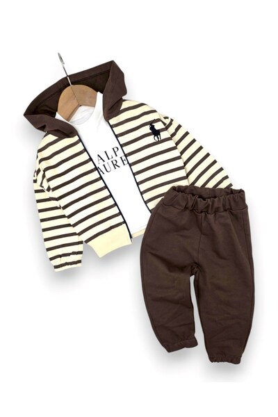 VOY KİDS Baby Boy 6-9-12-18-24 Months Hooded 3-Piece Set Zippered Sweatshirt ...