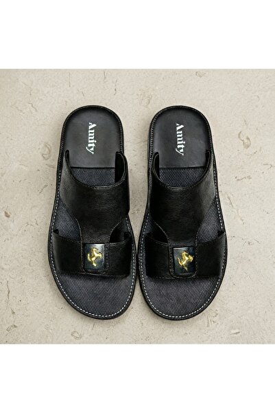 Lucky Steps Men's Wide Fit Faux Leather Slide Sandals Golden Emblem Non-Slip ...