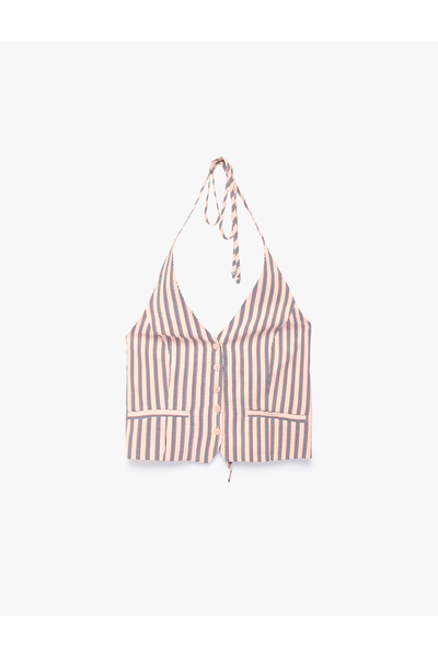 Koton Viscose Halter Neck Striped Buttoned Halter Blouse