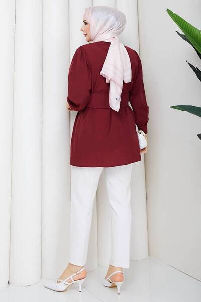 HİFADEN Women's Long Sleeve Waist Belted Shirt Collar Balloon Sleeve Buttoned Hijab Tunic Shirt